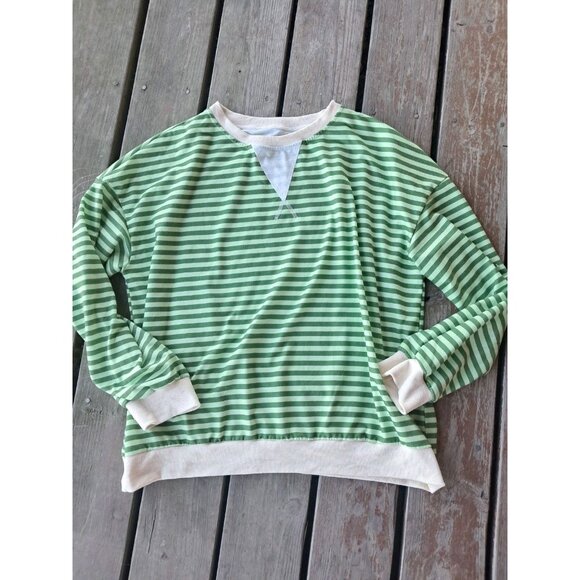 boutique Tops - Green Yellow White Striped Crew Neck Pullover Sweater Womens Size Xl